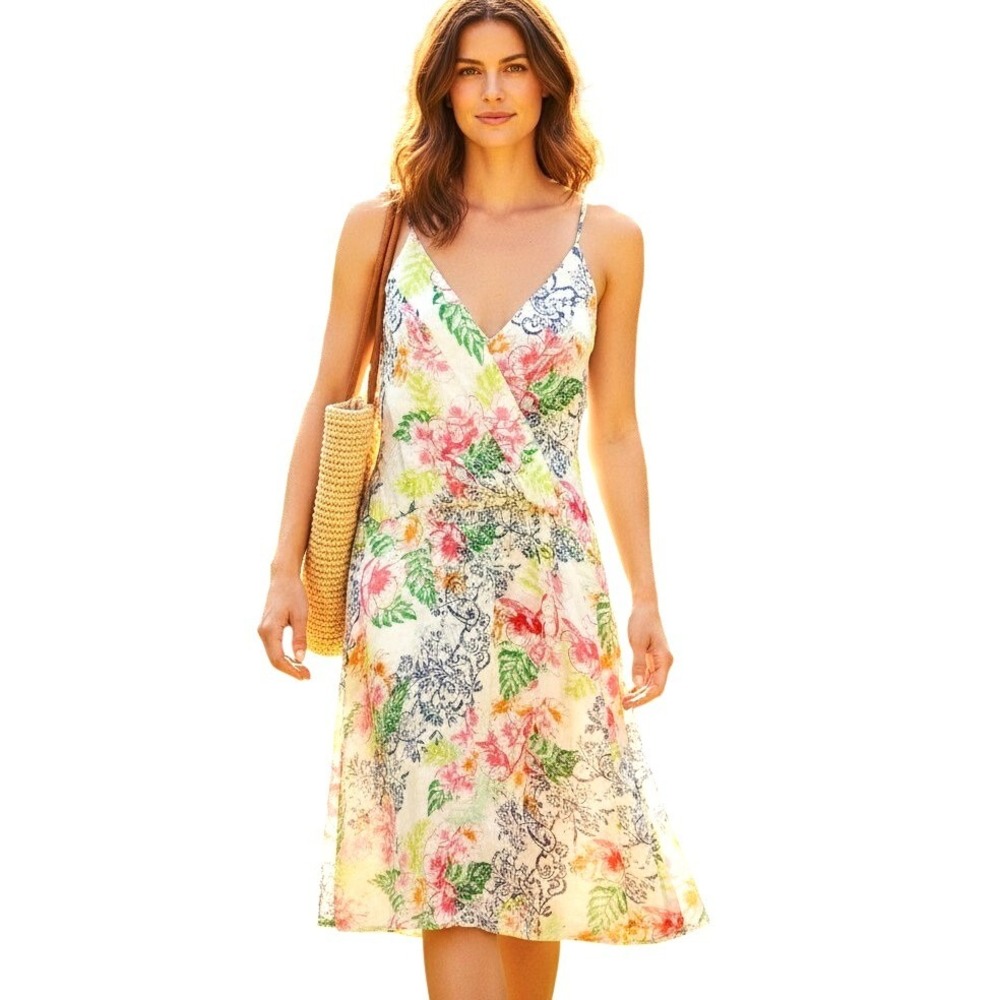 VA Made Womens Floral Paisley Wrap Sundress Multicolor Boho Summer‎ Knee Sz L
